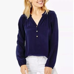 New Lilly Pulitzer 100% Silk Elsa Blouse True Navy Women XS Top Blue NWT $138